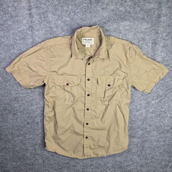Filson Shirt Mens Small Tan Short Sleeve Button Down Utility Outdoor Pockets - Picture 1 of 7
